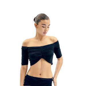 God Save Queens Layla XS Mesh Top Off Shoulder Cropped Ruched Sheer Black